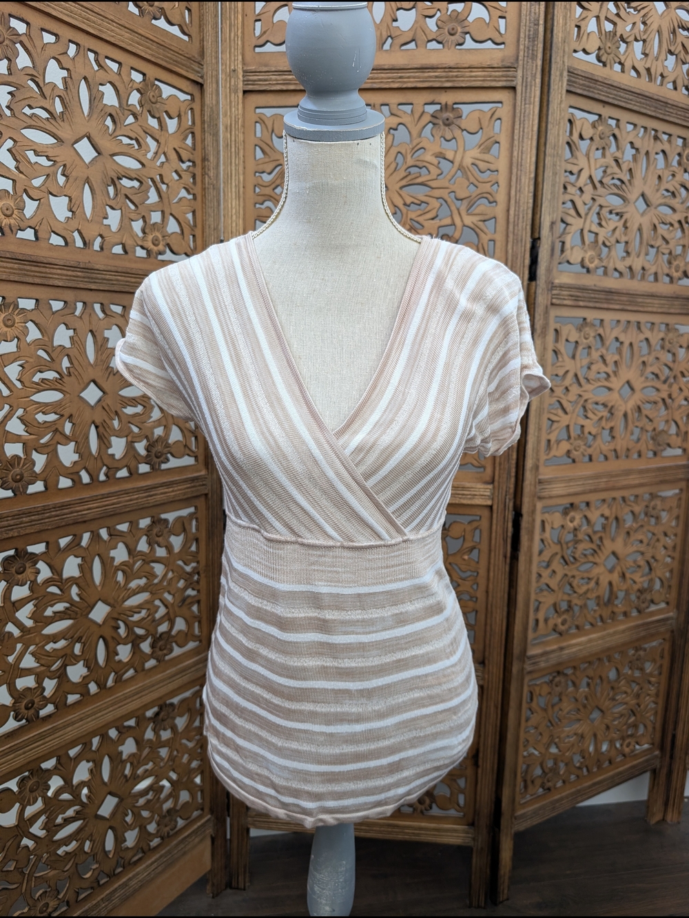 White House Black Market Beige and White Striped Wrap V-Neck Short Sleeve Top